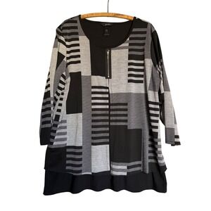 Ali Miles Womens M/L‎ Geometric Patchwork 1/4 Zip Front Tunic Artsy Baggy Casual